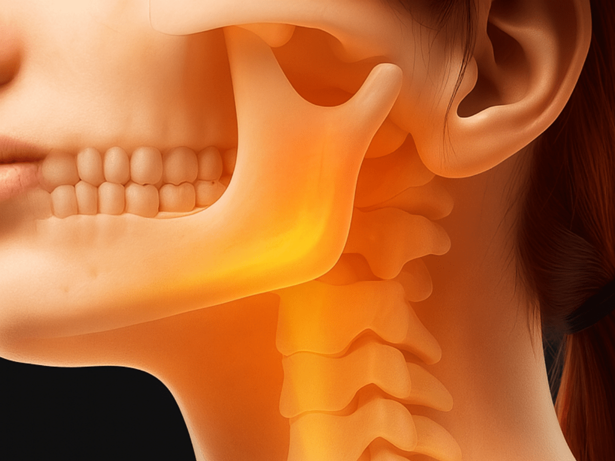 3D medical illustration of the temporomandibular joint in the human skull showing jawbone, teeth, and cervical vertebrae with inflammation in the TMJ area