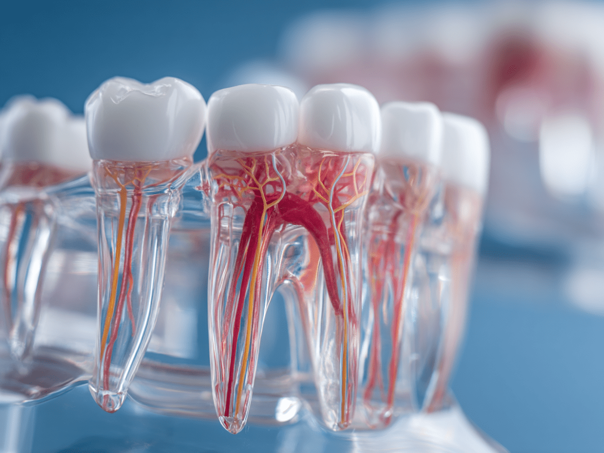 Detailed anatomical model of human teeth showing transparent roots, internal nerve pathways, and blood vessels—used for dental education and understanding root canal systems