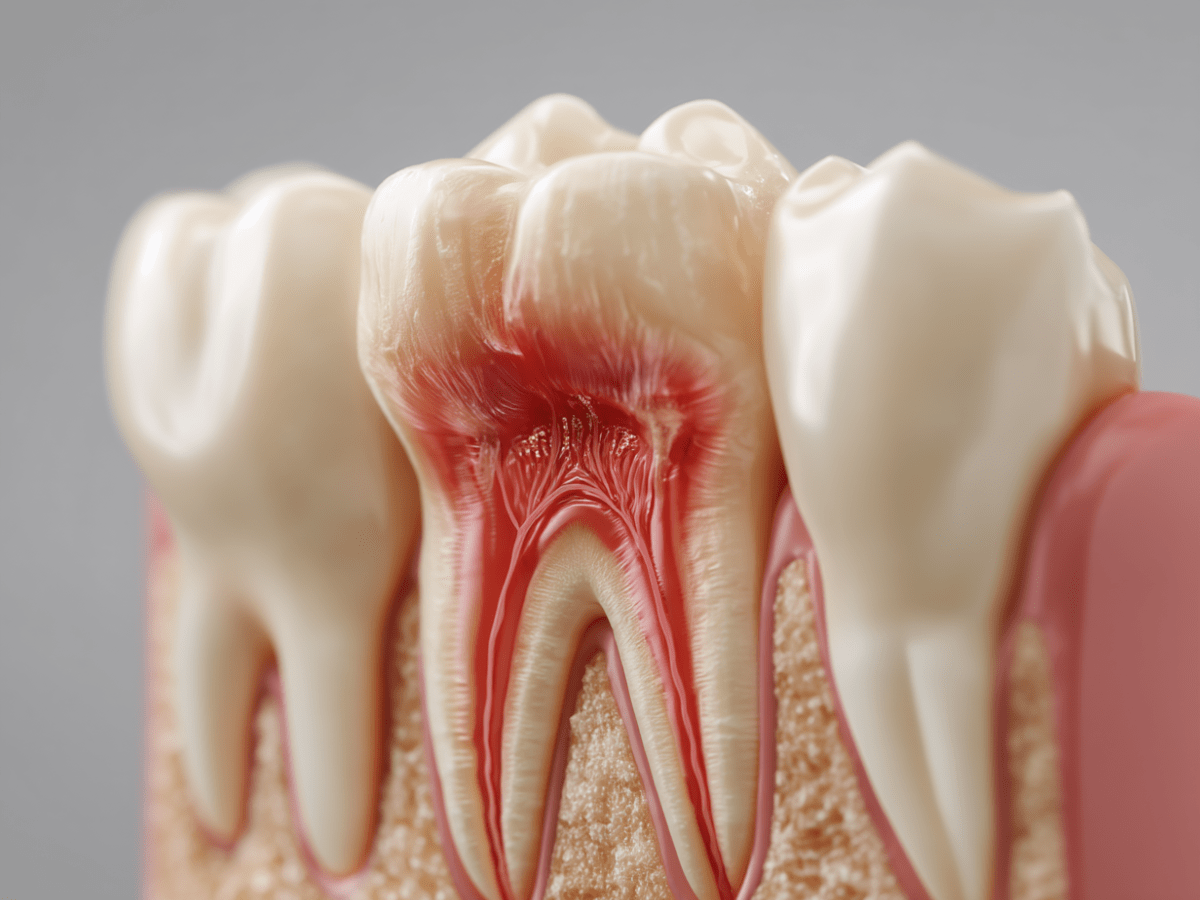 Detailed cross-section of a human molar showing inflamed dental pulp and root canals, used to illustrate pulpitis or early-stage tooth infection