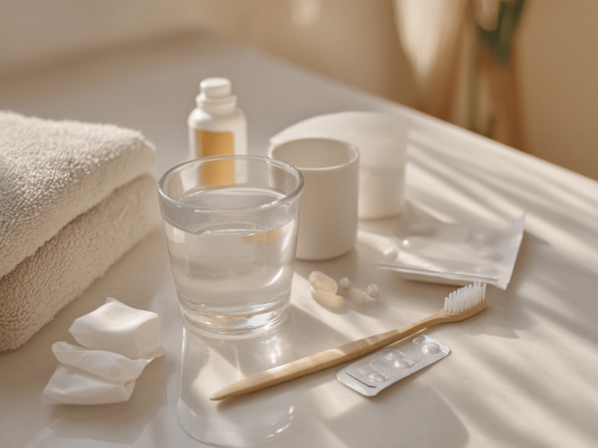 At-home dental aftercare essentials laid out on a bathroom counter, including a glass of water, soft towel, pain relief tablets, gauze pads, toothbrush, and mouthwash bottle in warm natural sunlight
