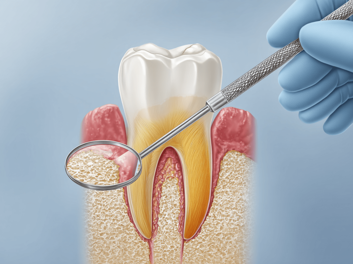 Medical illustration showing exposed tooth root and surrounding bone due to gum recession, with a gloved hand holding a dental mirror to examine the gum tissue and bone loss