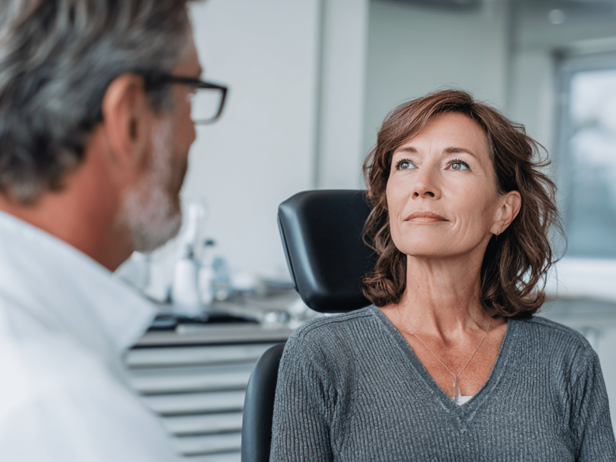 Middle-aged woman listening attentively to a male healthcare provider during a consultation, possibly discussing myofunctional therapy or sleep apnea solutions