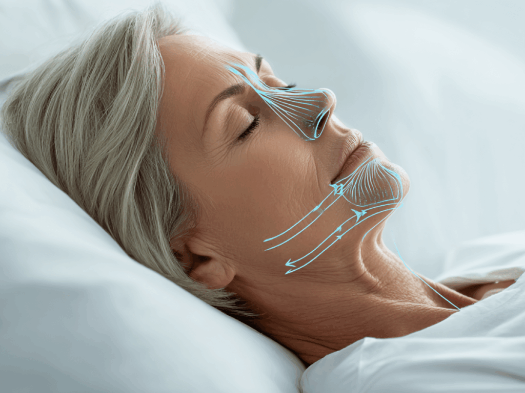 Older woman sleeping on her side with light blue overlay of facial muscles and airway path, representing myofunctional therapy and sleep apnea treatment benefits