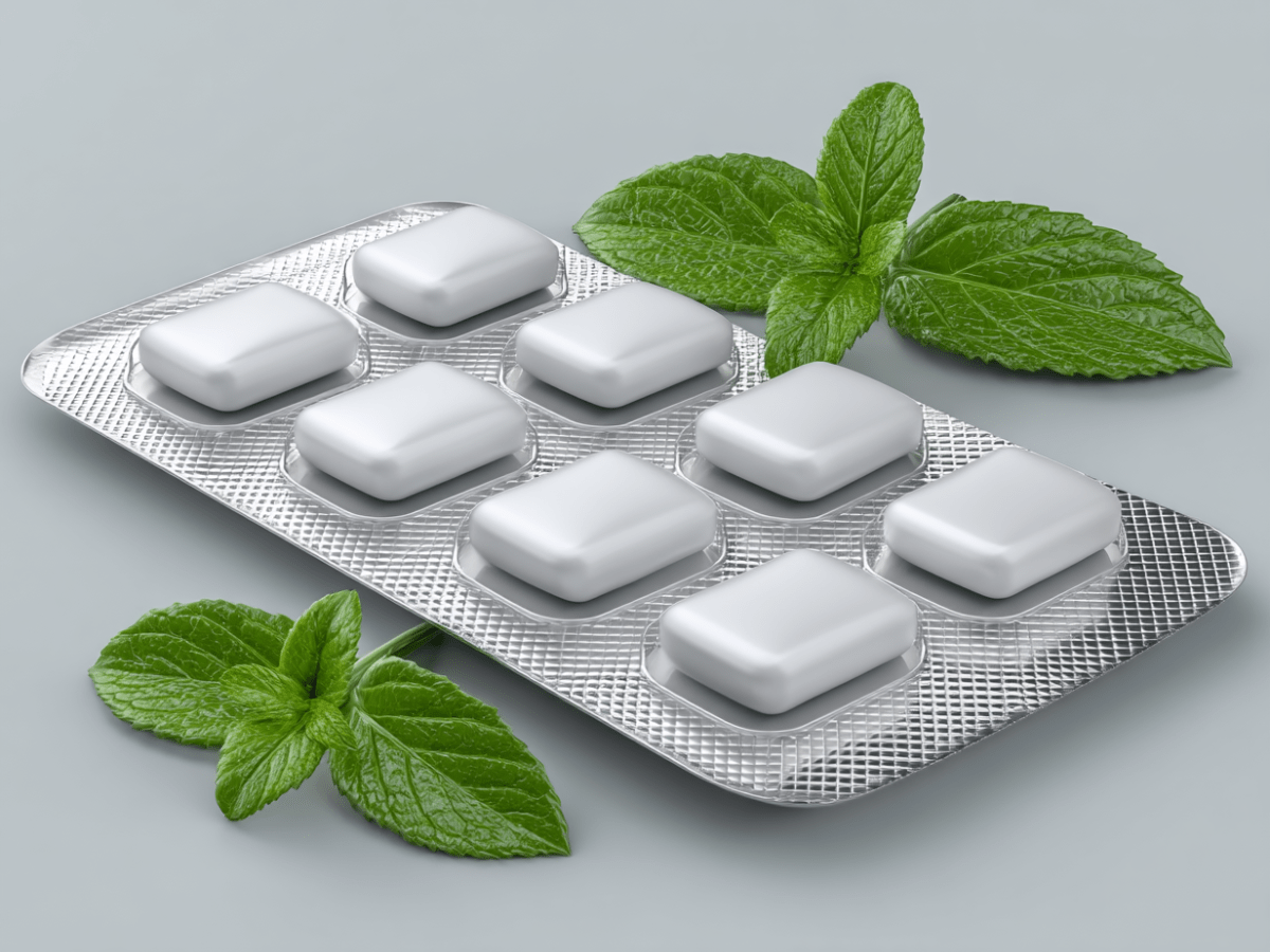 Pack of white xylitol sugar-free chewing gum with fresh mint leaves, promoting saliva production and enamel protection