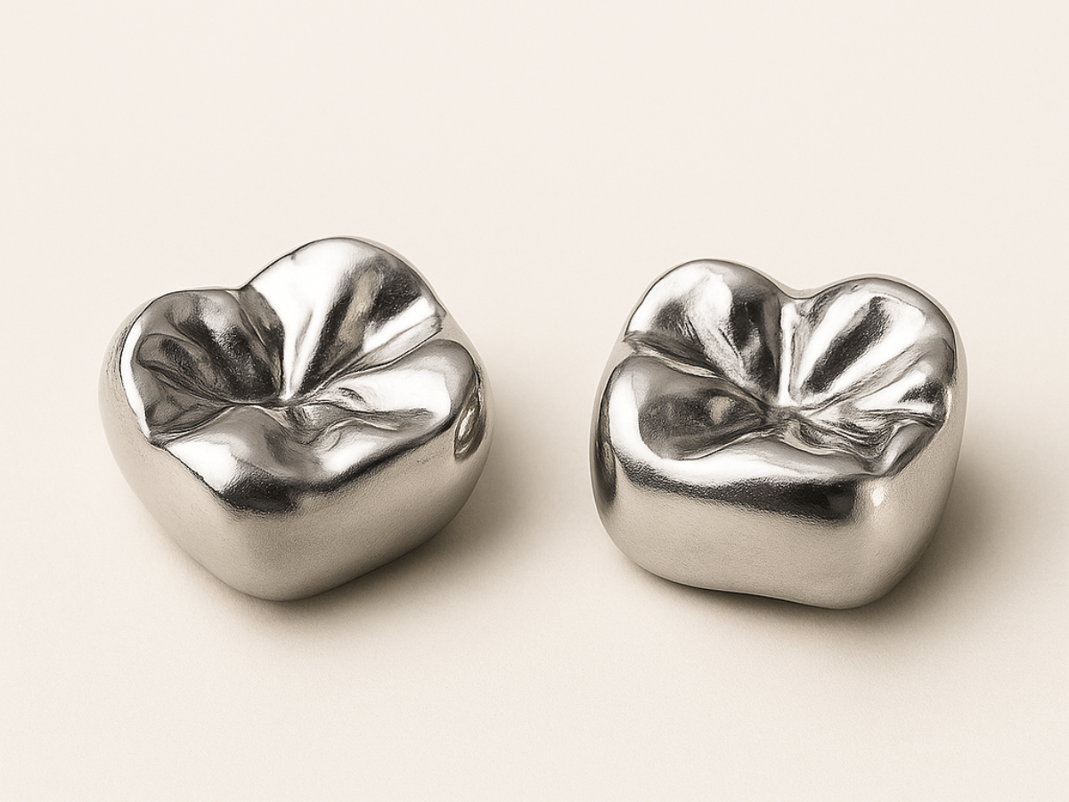 Two all-metal dental crowns with a smooth polished silver finish, displayed on a clean off-white background.