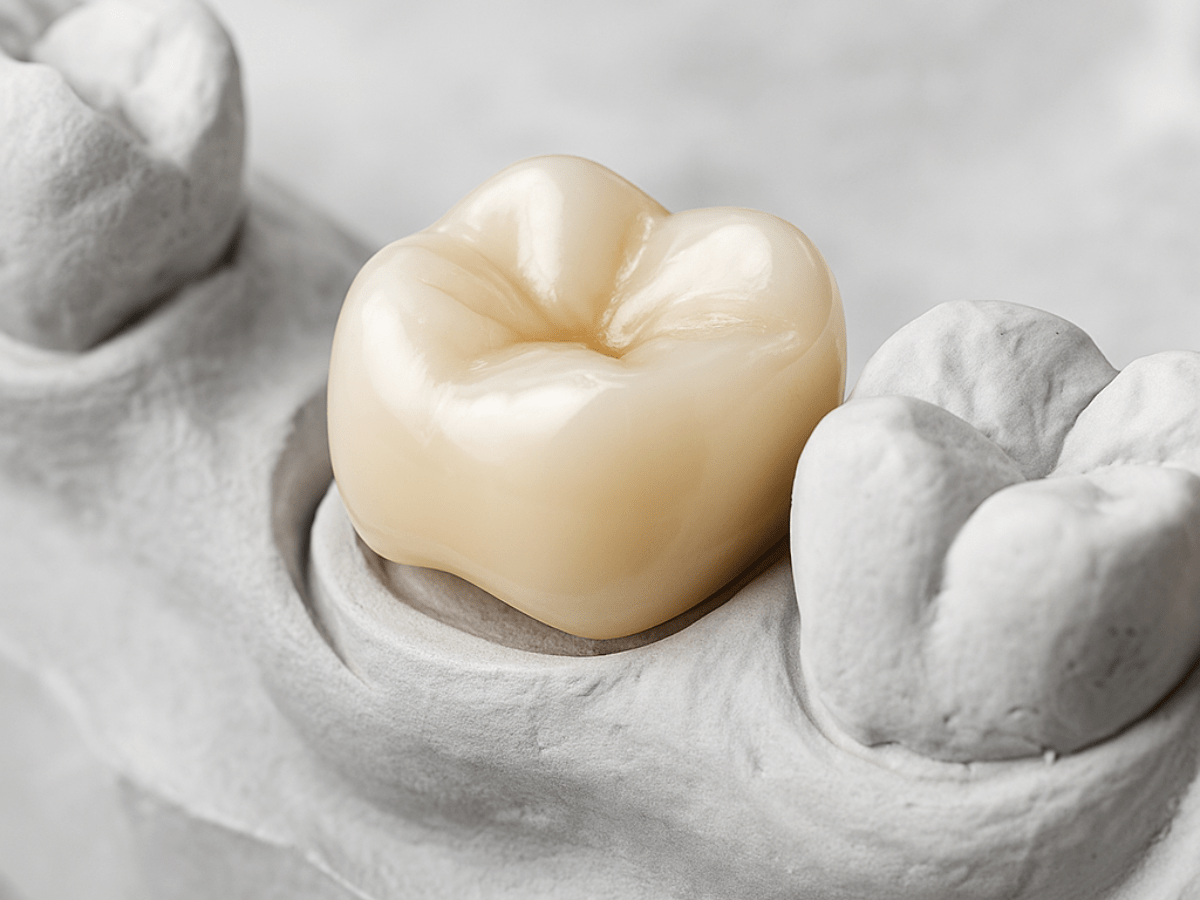 Close-up image of a porcelain dental crown placed on a molar tooth in a gray dental stone model, highlighting the smooth and natural tooth-like finish.