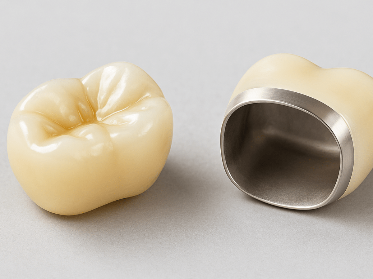 Close-up image of two porcelain-fused-to-metal (PFM) dental crowns on a light background, showing the tooth-colored porcelain exterior and the inner metal core for strength.