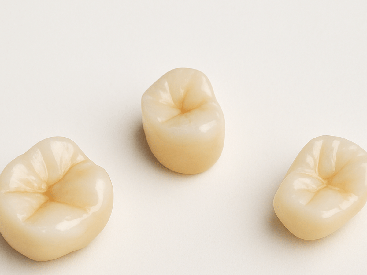 High-resolution close-up of three resin composite dental crowns with a natural enamel-like finish, arranged neatly on a smooth off-white background.