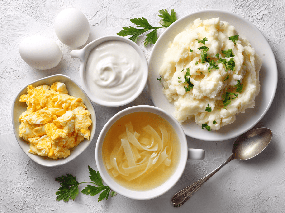 High-resolution close-up of soft food options including scrambled eggs, mashed potatoes with herbs, creamy yogurt, and a bowl of clear noodle soup—ideal for post-tooth extraction recovery meals.