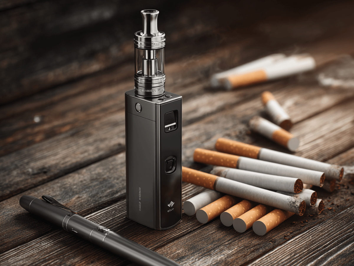 Close-up of a modern vape device and slim e-pen placed beside a scattered pile of traditional cigarettes on a rustic wooden tabletop, highlighting vaping versus smoking choices.