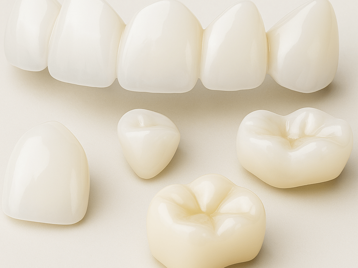 irconia dental crowns and bridges arranged on an off-white surface, showcasing their smooth, natural-looking tooth-colored finish.
