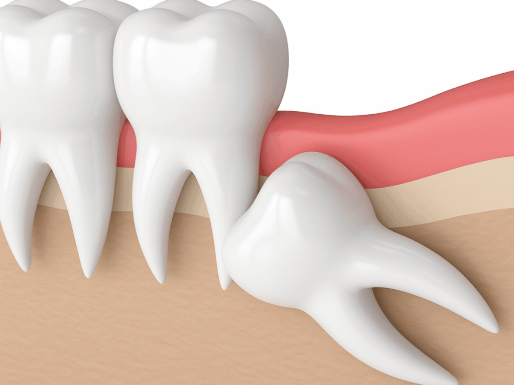 Diagram showing an impacted wisdom tooth beneath the gum line, a typical case requiring wisdom tooth removal and consultation with an oral surgeon.