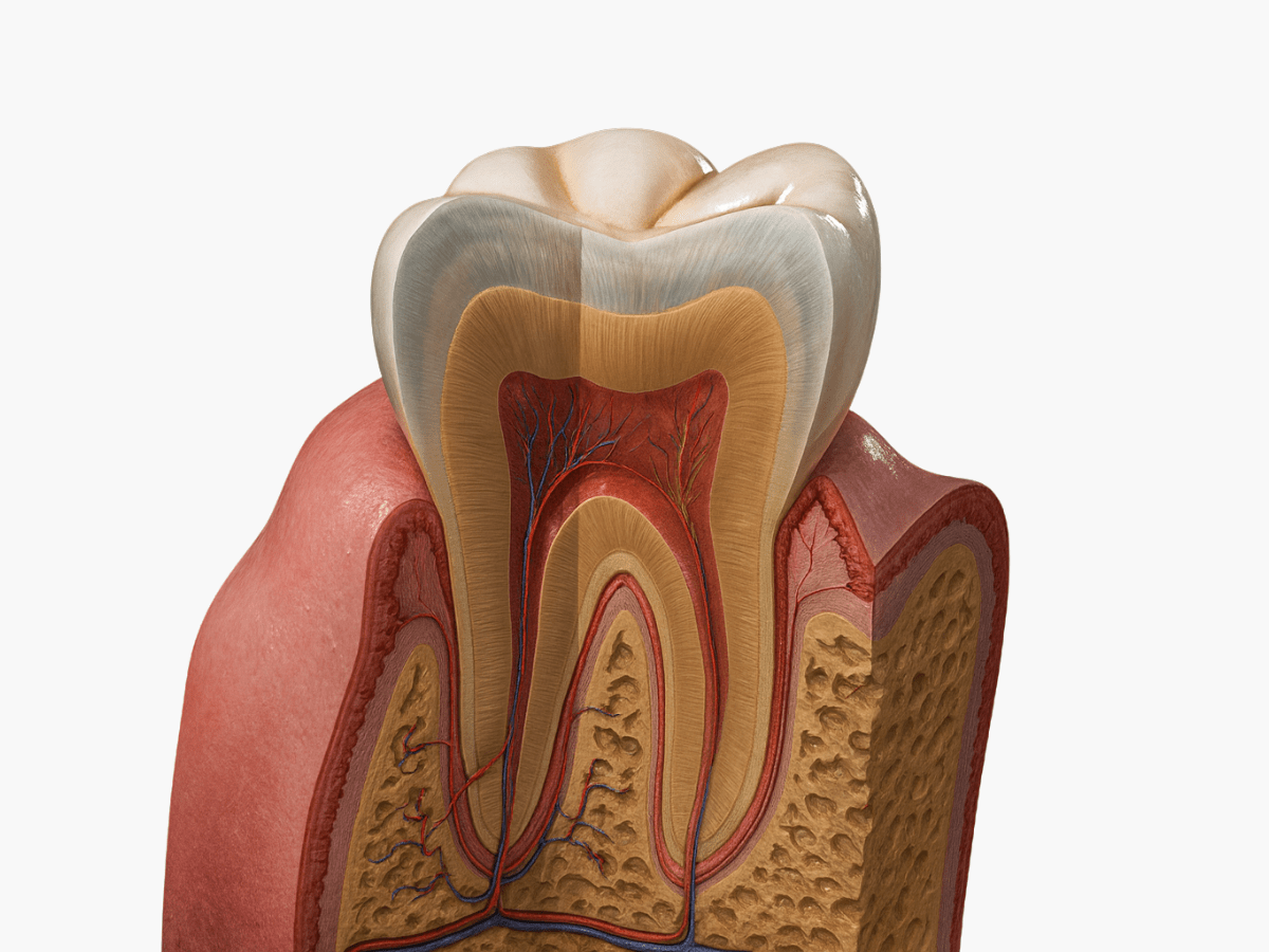 Detailed 3D cross-section diagram of a human molar tooth showing the enamel, dentin, pulp, root canal, blood vessels, and surrounding gum and bone.