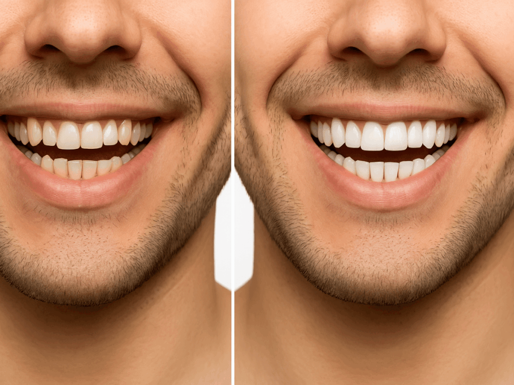 Close-up of a man's smile before and after professional teeth whitening, illustrating the effectiveness of the cosmetic dentistry treatment.