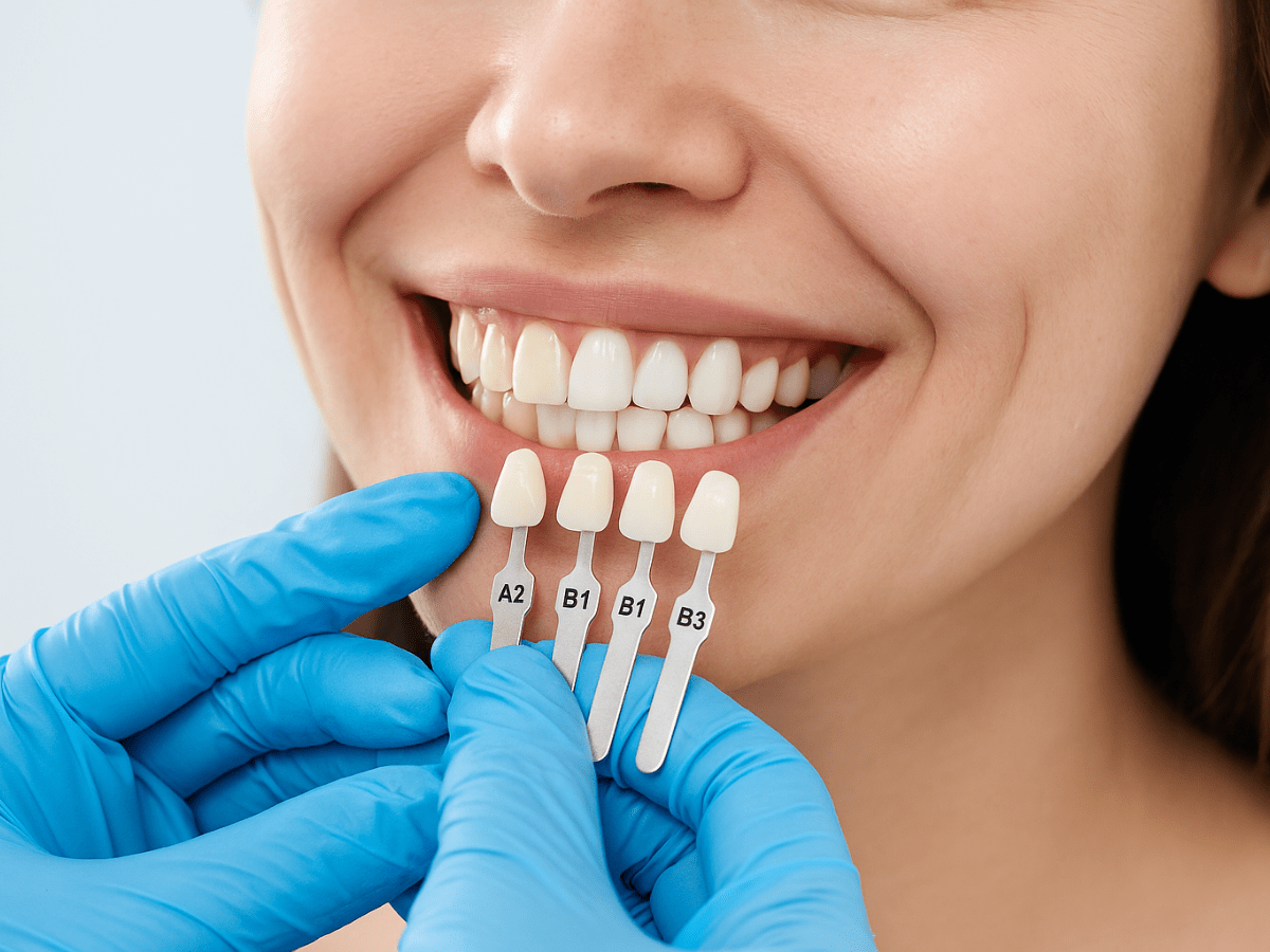 Close-up of a dentist's gloved hand using a VITA shade guide to match the perfect tooth color for a female patient, essential for veneers or crowns.