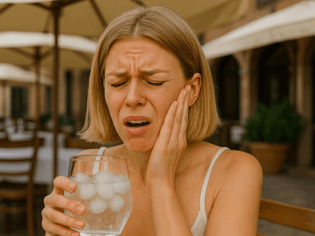 Blonde woman outdoors holds her cheek in pain while drinking ice water, illustrating tooth sensitivity or dental pain.