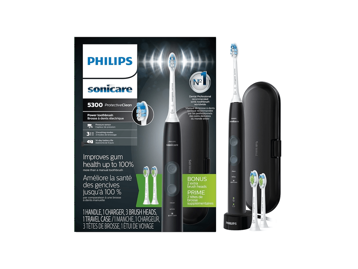 Philips Sonicare ProtectiveClean 5300 electric toothbrush with travel case and extra brush heads, designed to improve gum health and whiten teeth with advanced sonic technology.
