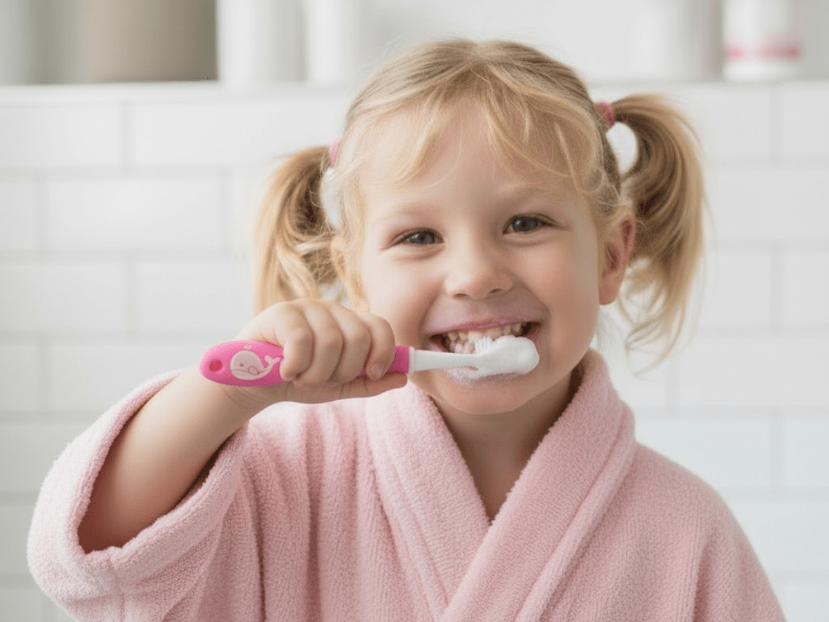 Smiling young girl brushing her teeth with a pink toothbrush in a bright bathroom, promoting healthy brushing habits and kids’ oral hygiene.