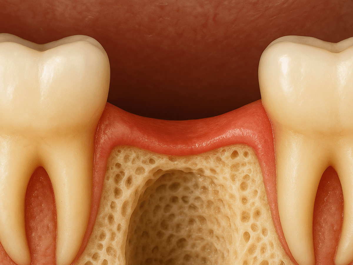 High-resolution cross-sectional dental image of two healthy teeth beside an empty socket with visible bone loss and reduced bone density beneath the gumline.