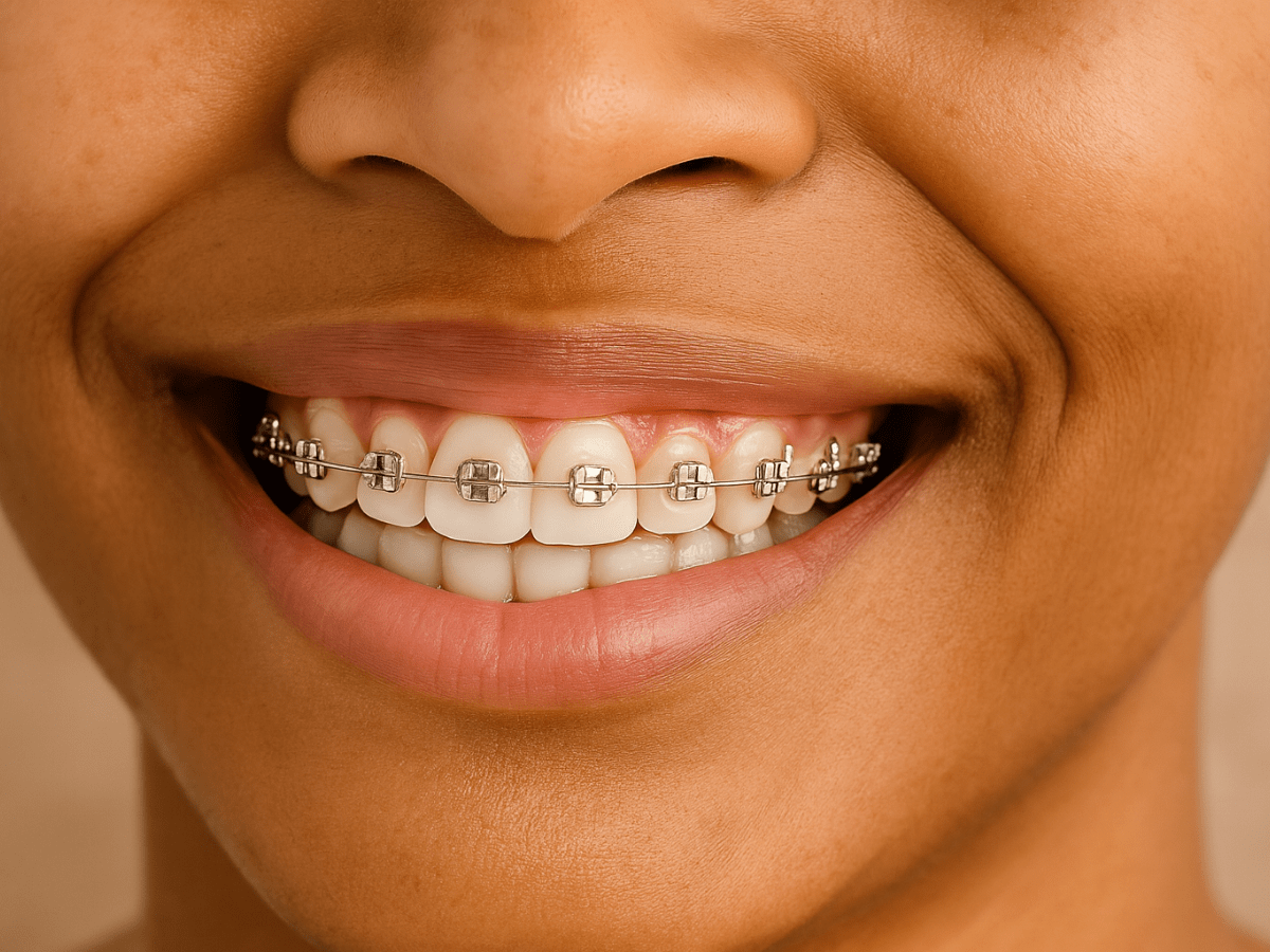 Close-up photo of a smiling mouth with traditional metal braces showing brackets and archwire on upper teeth for orthodontic treatment.