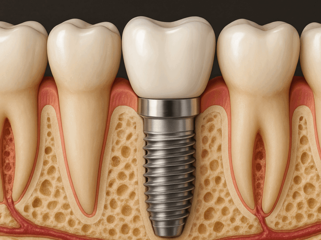 Cross-section image of a dental implant with a titanium post integrated into the jawbone between two natural teeth, topped with a porcelain crown above healthy gums.