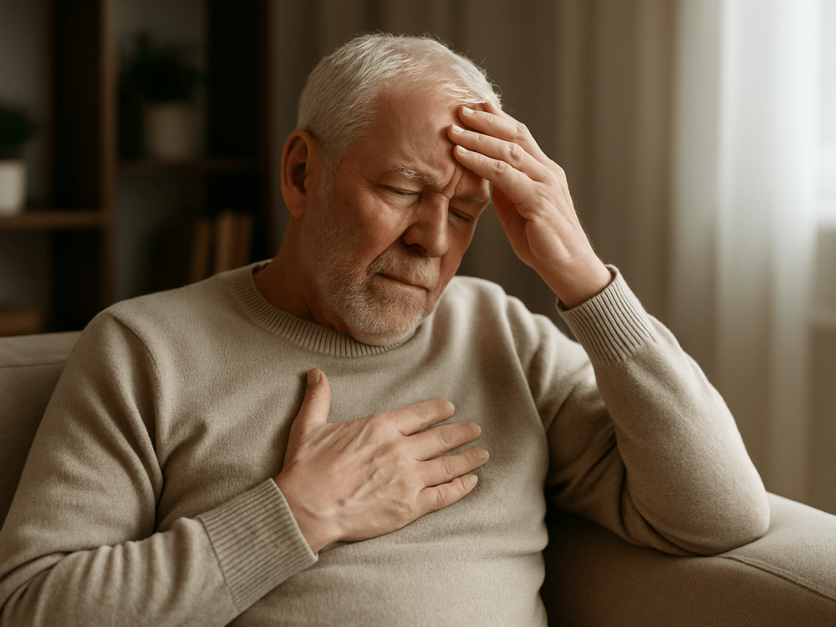older man sitting on a couch with one hand on his chest and the other on his forehead, showing signs of chest discomfort and fatigue.