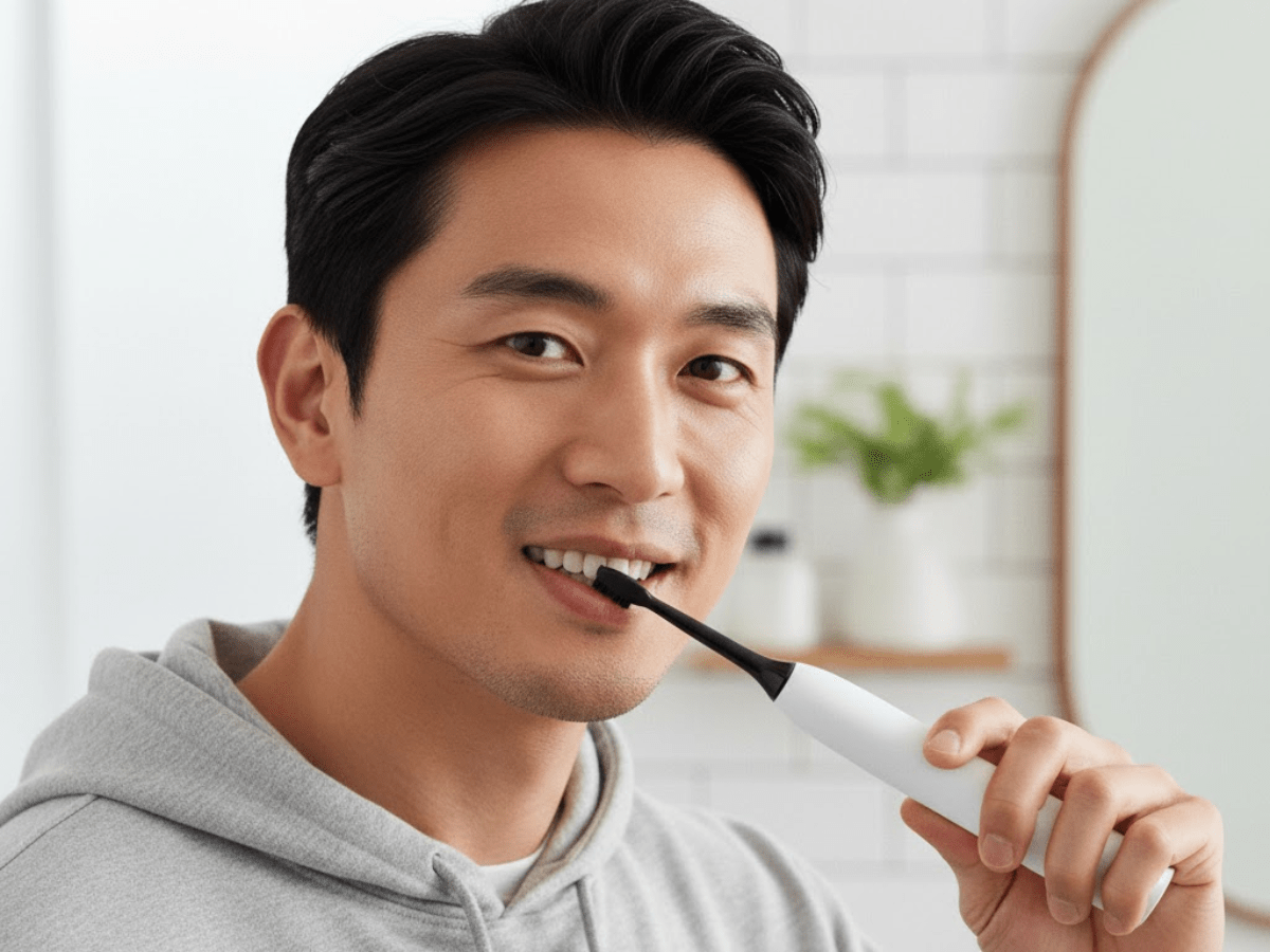 Electric Toothbrush for Sensitive Teeth and Gums: The Upgrade Your Smile Deserves Smiling man using an electric toothbrush in a bright bathroom, promoting good oral hygiene and daily dental care habits for a healthier smile.