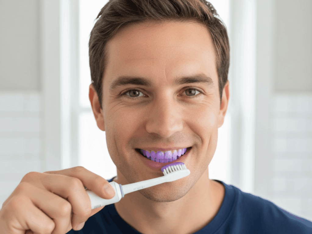 Man brushing his teeth with purple toothpaste designed to cancel out yellow stains and brighten enamel, illustrating how color-correcting toothpaste works for a whiter smile.