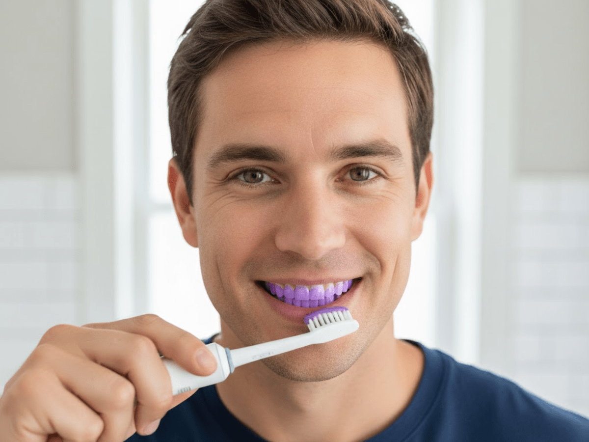Man brushing his teeth with purple toothpaste designed to cancel out yellow stains and brighten enamel, illustrating how color-correcting toothpaste works for a whiter smile.