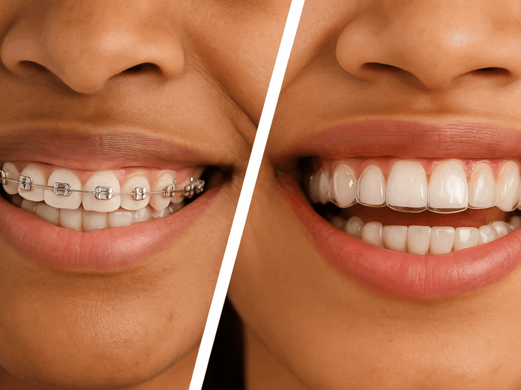 Close-up side-by-side photo showing a smile with traditional metal braces on the left and a clear Invisalign aligner on the right for teeth-straightening comparison.
