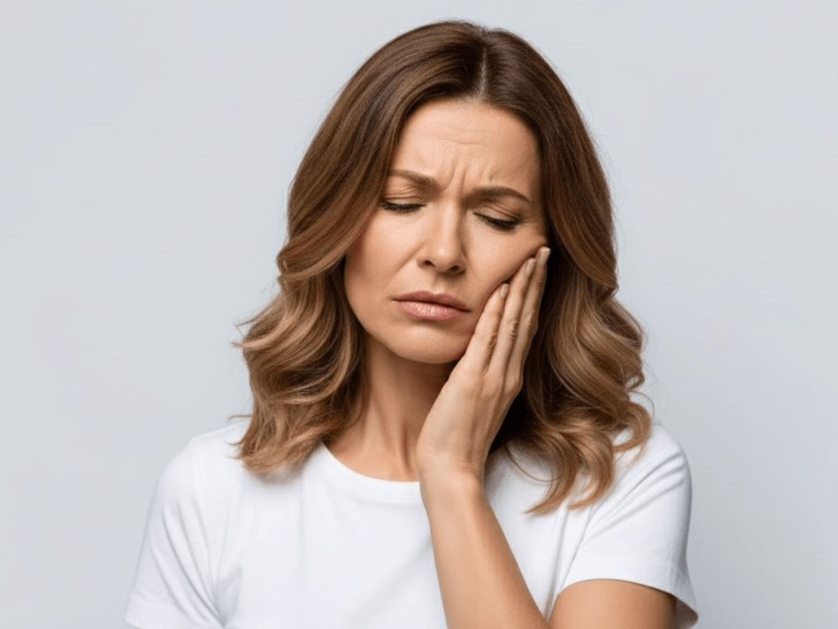 Woman experiencing jaw pain and tenderness caused by TMJ disorder, representing a common symptom treated with Botox at Elizabeth L. Wakim DDS.