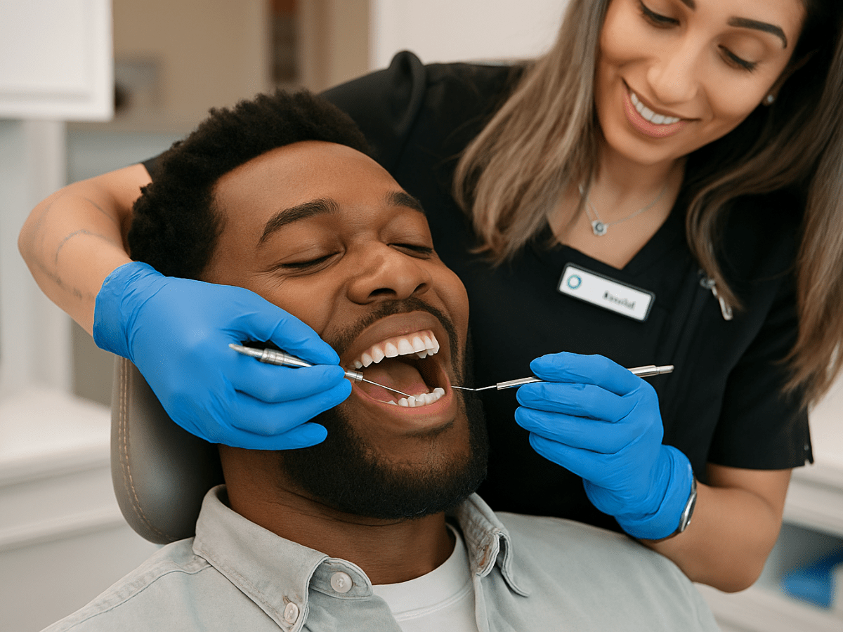 A smiling dental hygienist or dentist in blue gloves performs an oral examination