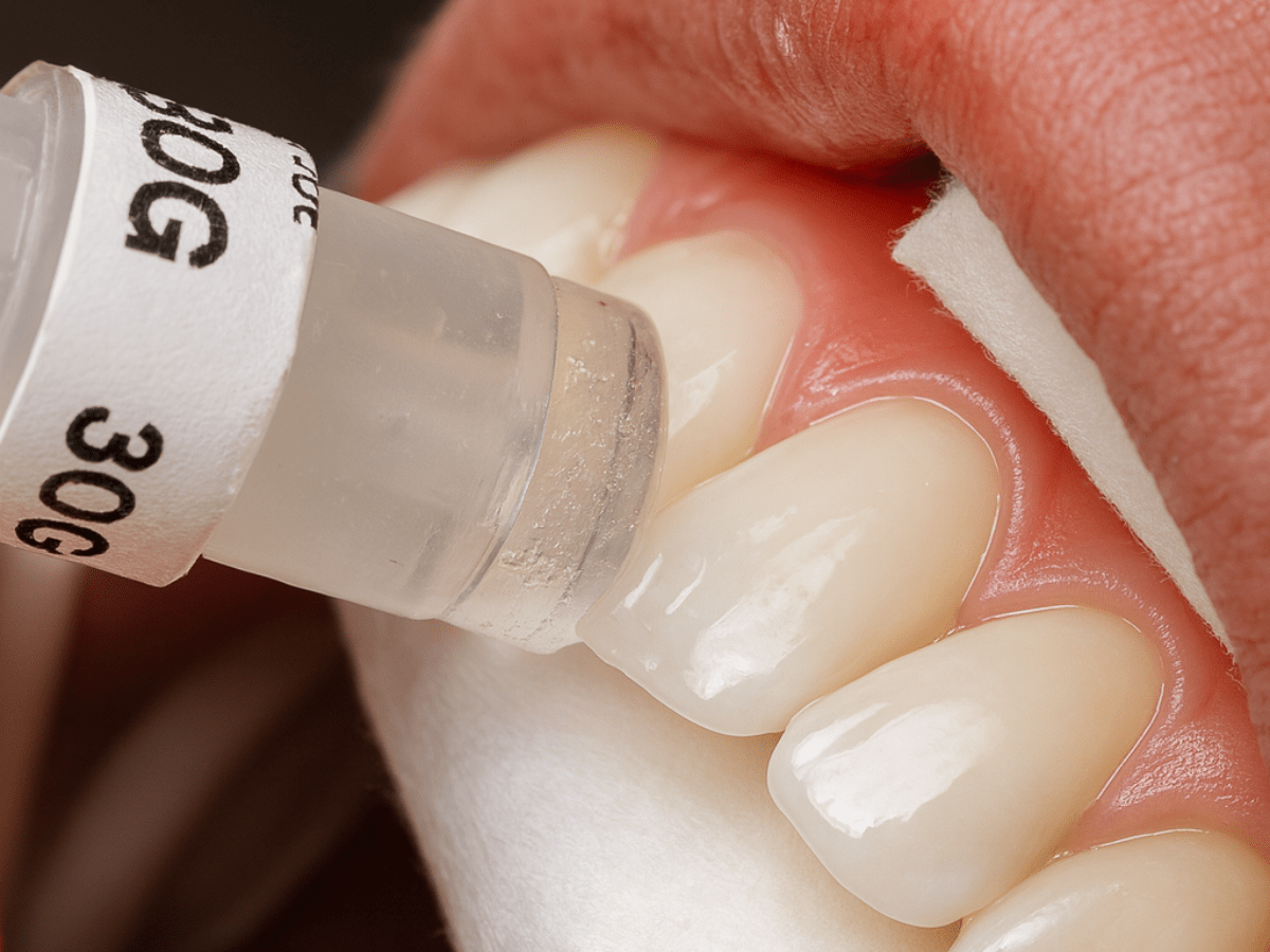 Dental professional applying an ice stick or frozen cotton pellet to a tooth as part of a cold vitality test to diagnose pulpitis or a root canal issue