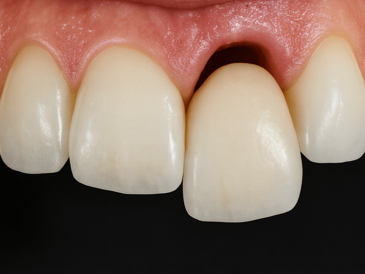 Close-up of an upper arch showing a significant missing tooth space