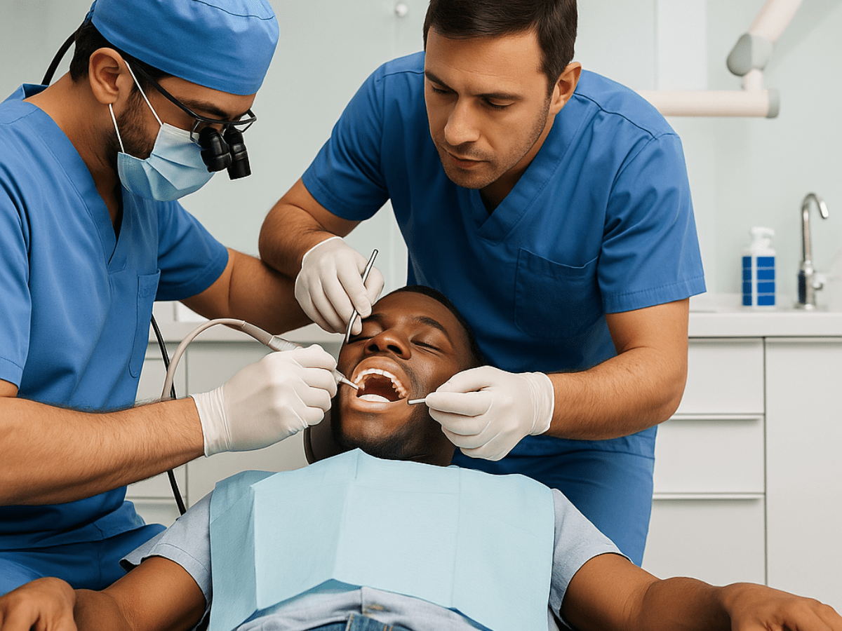 Two dental professionals, one wearing loupes, performing a detailed dental procedure on a male patient.