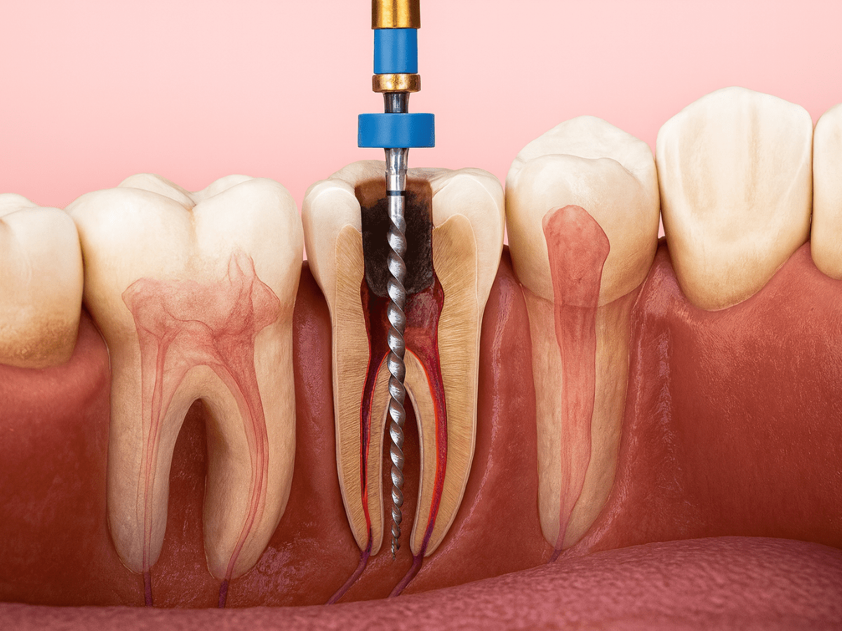 Root canal procedure on a damaged molar. Shows a dental file instrument cleaning the infected pulp inside the tooth's root canals.