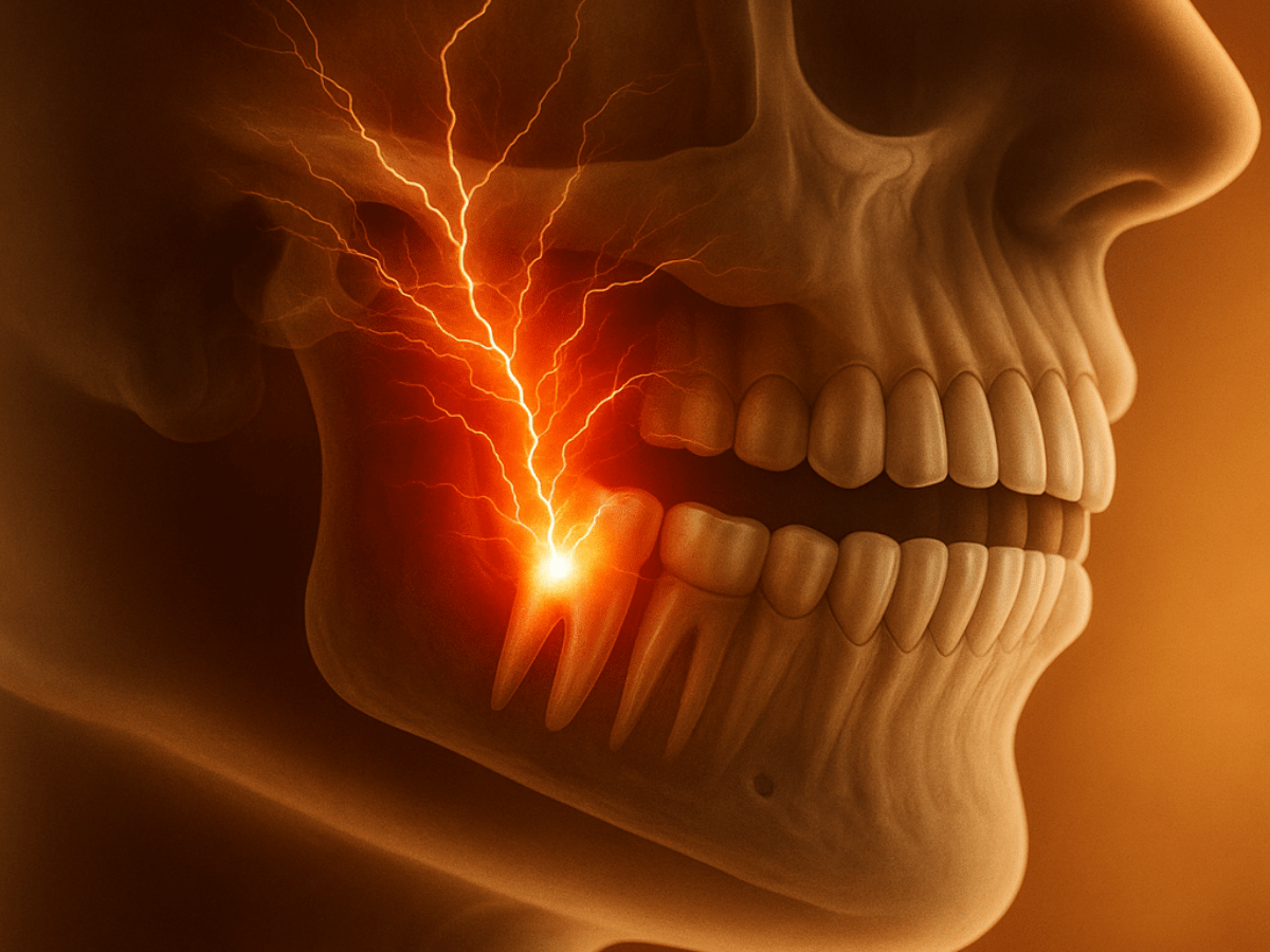 Medical illustration of a skull and jaw with an inflamed molar, showing severe dental nerve pain shooting up the face