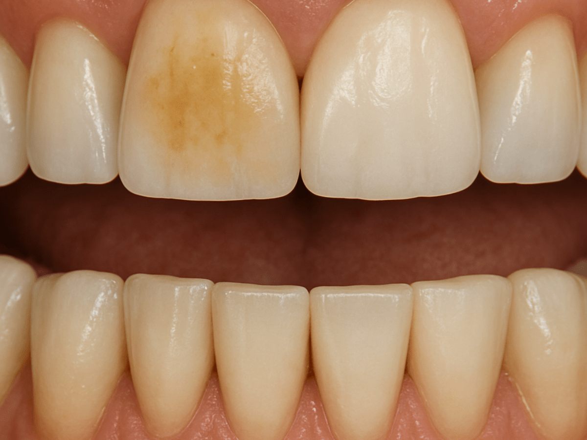 Close-up of teeth showing severe yellow-brown staining on an upper front tooth