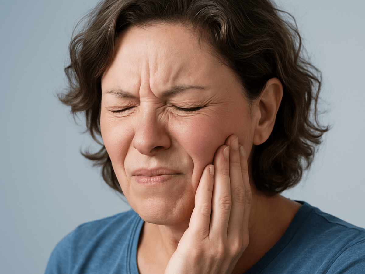 A middle-aged woman with a pained expression holding her cheek and jaw, suffering from a severe toothache or dental pain.