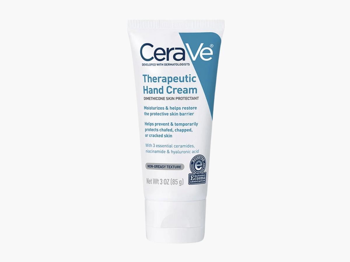 CeraVe Therapeutic Hand Cream with dimethicone, ceramides, niacinamide, and hyaluronic acid, formulated to moisturize and restore the skin’s protective barrier for dry or chapped hands.
