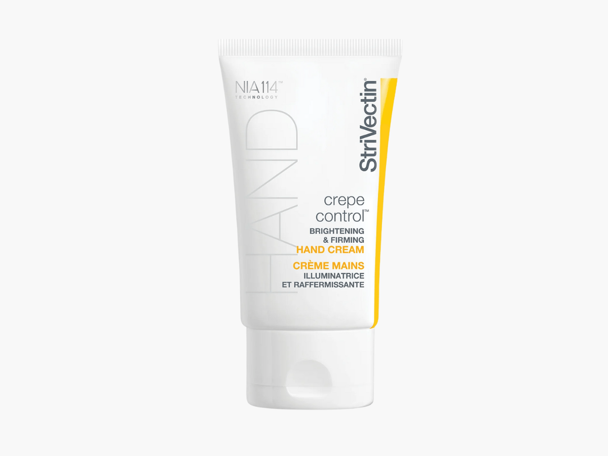 StriVectin Crepe Control Brightening and Firming Hand Cream, formulated with NIA-114 technology to improve skin elasticity, tone, and hydration for smoother, youthful-looking hands.