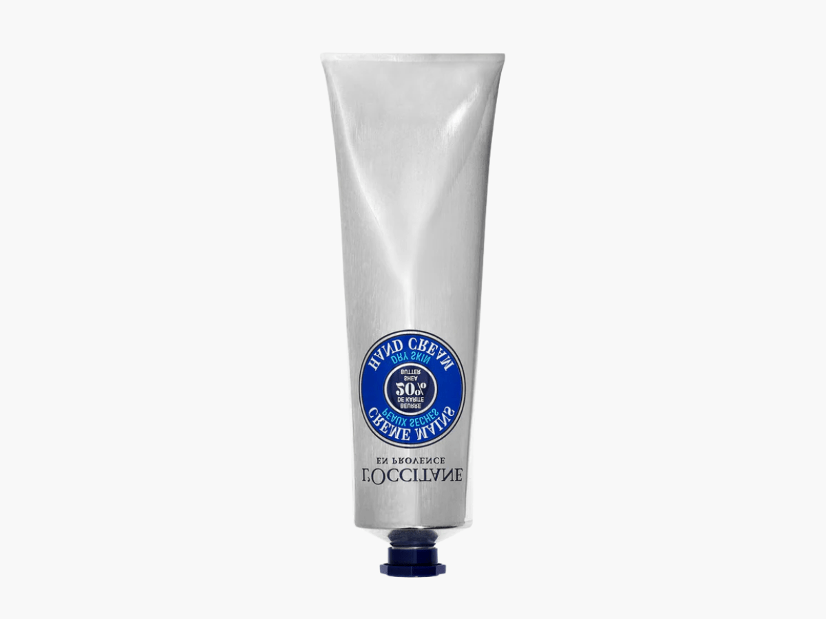 L’Occitane Shea Butter Hand Cream, enriched with 20% organic shea butter to deeply moisturize, soften, and protect dry or cracked hands.