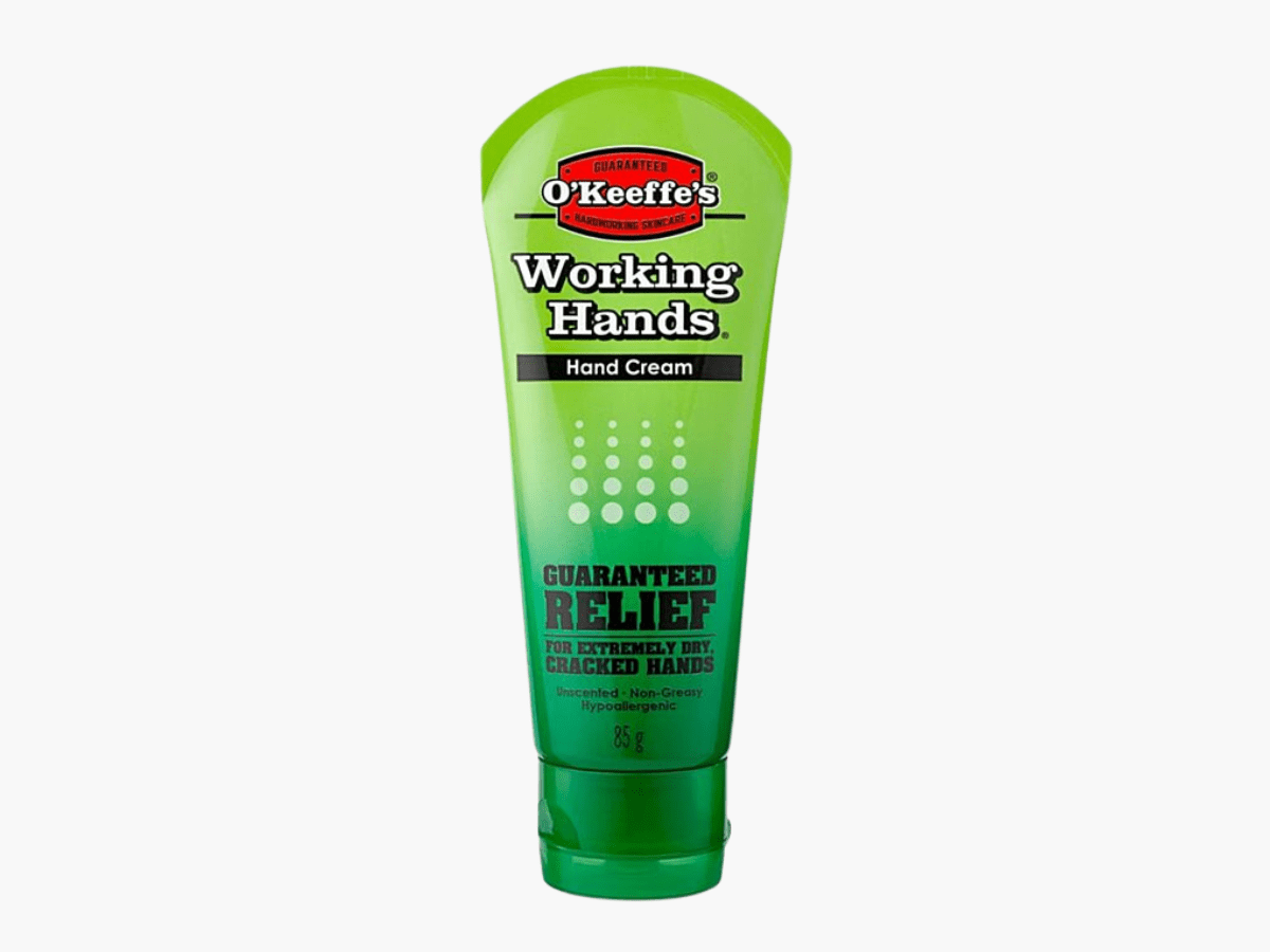 O’Keeffe’s Working Hands Hand Cream, providing guaranteed relief for extremely dry, cracked hands with a non-greasy, unscented, and hypoallergenic formula designed to restore moisture and repair skin.