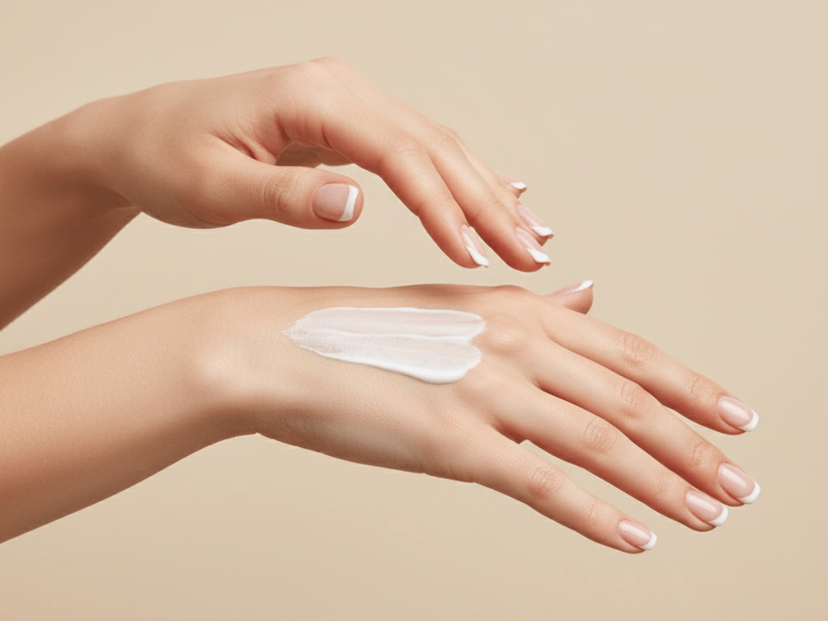 woman’s hands applying moisturizing hand cream on smooth skin with a neutral background, showing gentle skincare routine and healthy nails.