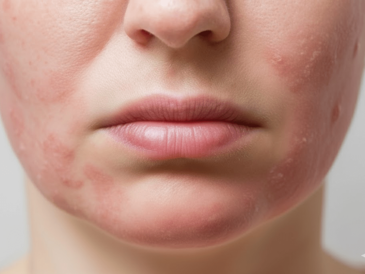 woman’s lower face showing red, irritated skin with acne and rash-like inflammation on the cheeks and chin, illustrating common symptoms of skin sensitivity or dermatitis.