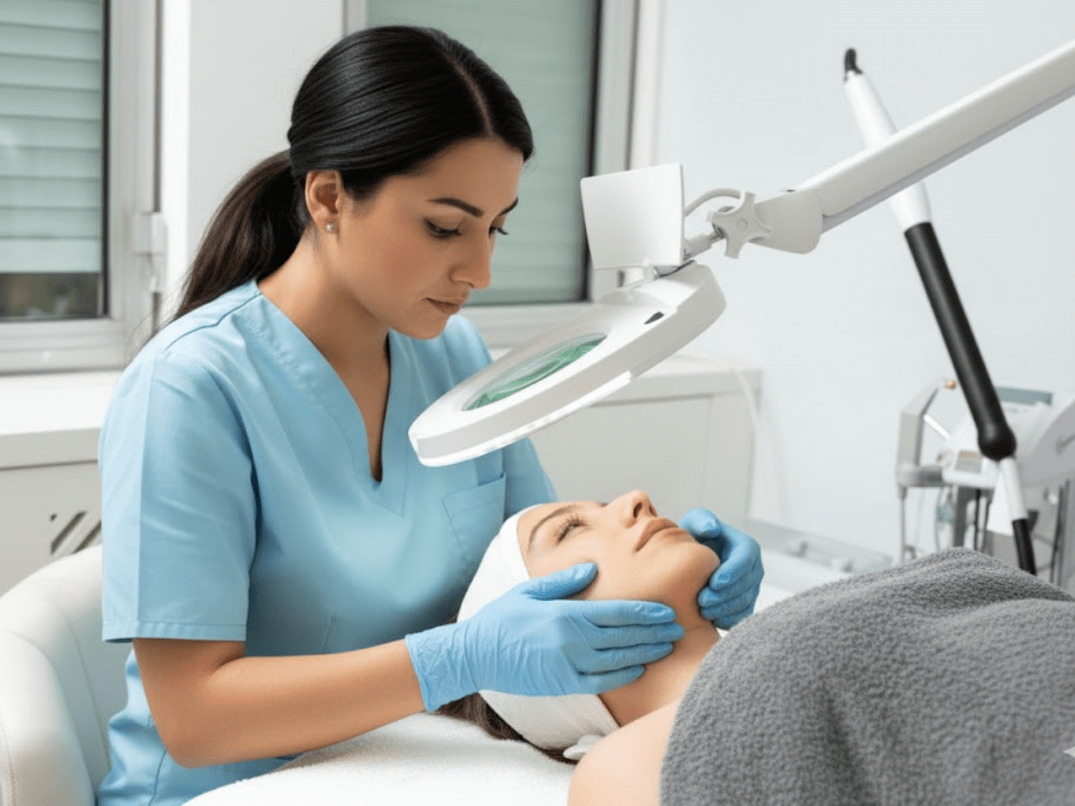 Dermatologist wearing medical gloves examining a woman’s face under a magnifying lamp in a skincare clinic, assessing skin condition before facial treatment or dermatologic therapy.