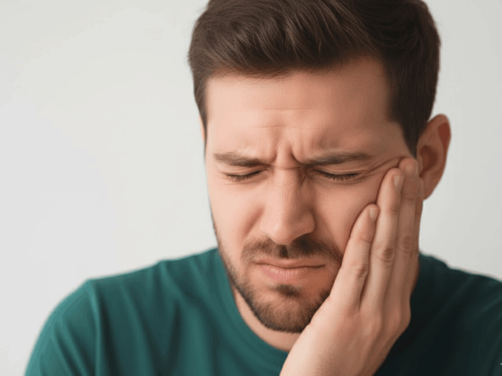 man holding his cheek in discomfort, showing symptoms of jaw pain or toothache that may indicate TMJ disorder, tooth infection, or orofacial pain