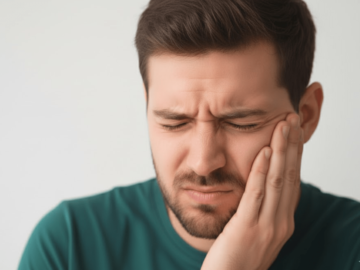 man holding his cheek in discomfort, showing symptoms of jaw pain or toothache that may indicate TMJ disorder, tooth infection, or orofacial pain