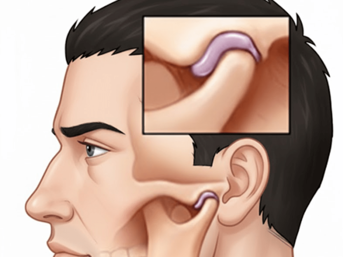 Medical illustration of the temporomandibular joint (TMJ) showing the jawbone, joint disc, and socket connection near the ear, used to explain TMJ disorders and orofacial pain.