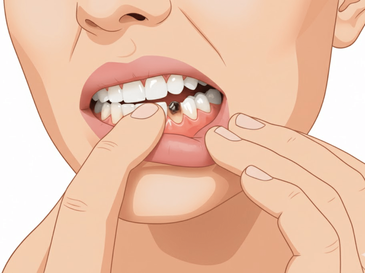 Illustration of a person pointing to an infected tooth with visible decay and gum swelling, showing symptoms of tooth infection that may lead to orofacial pain or abscess formation.